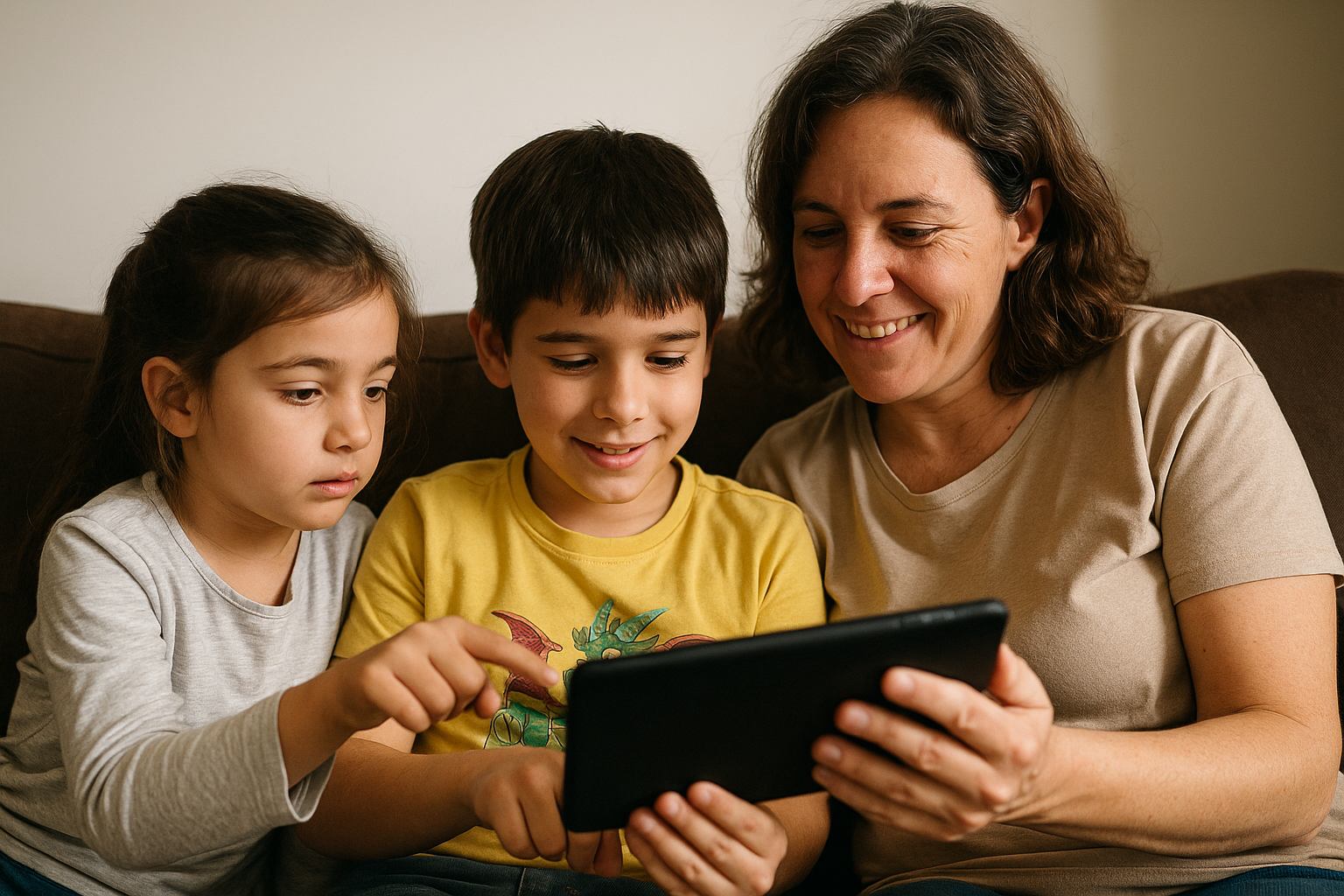 Parent and children using tablet