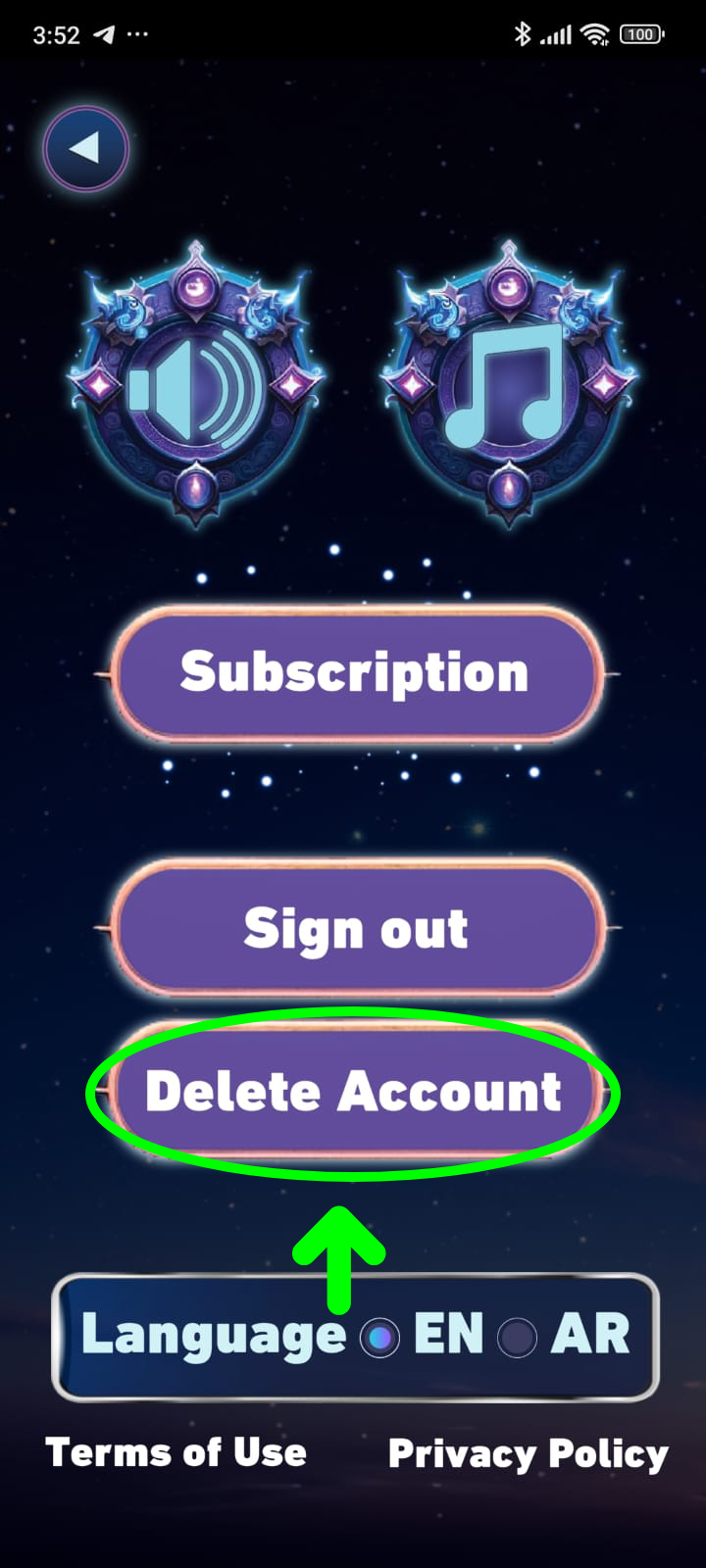 Step 2 - Tap delete account in Math Mania app
